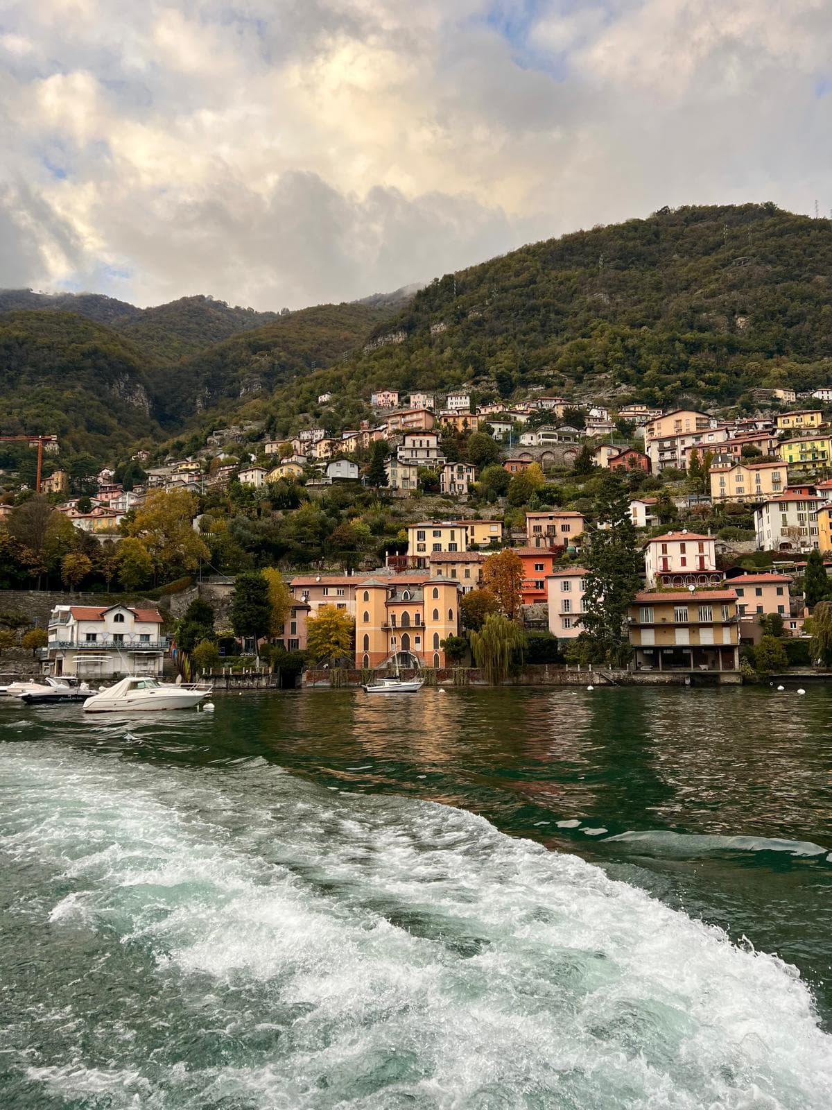 Lakeside village seen from a boat